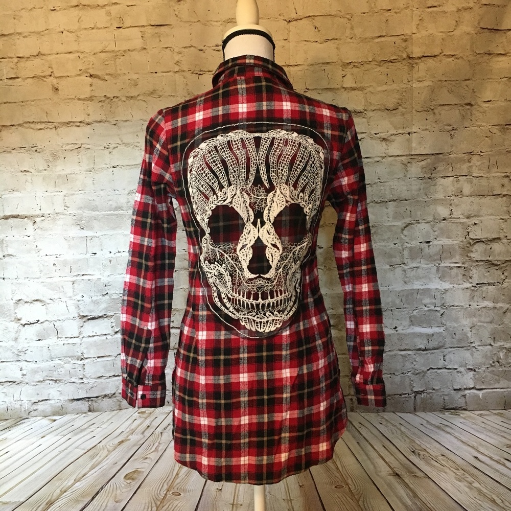 RED Late for Dinner Plaid Flannel With skull